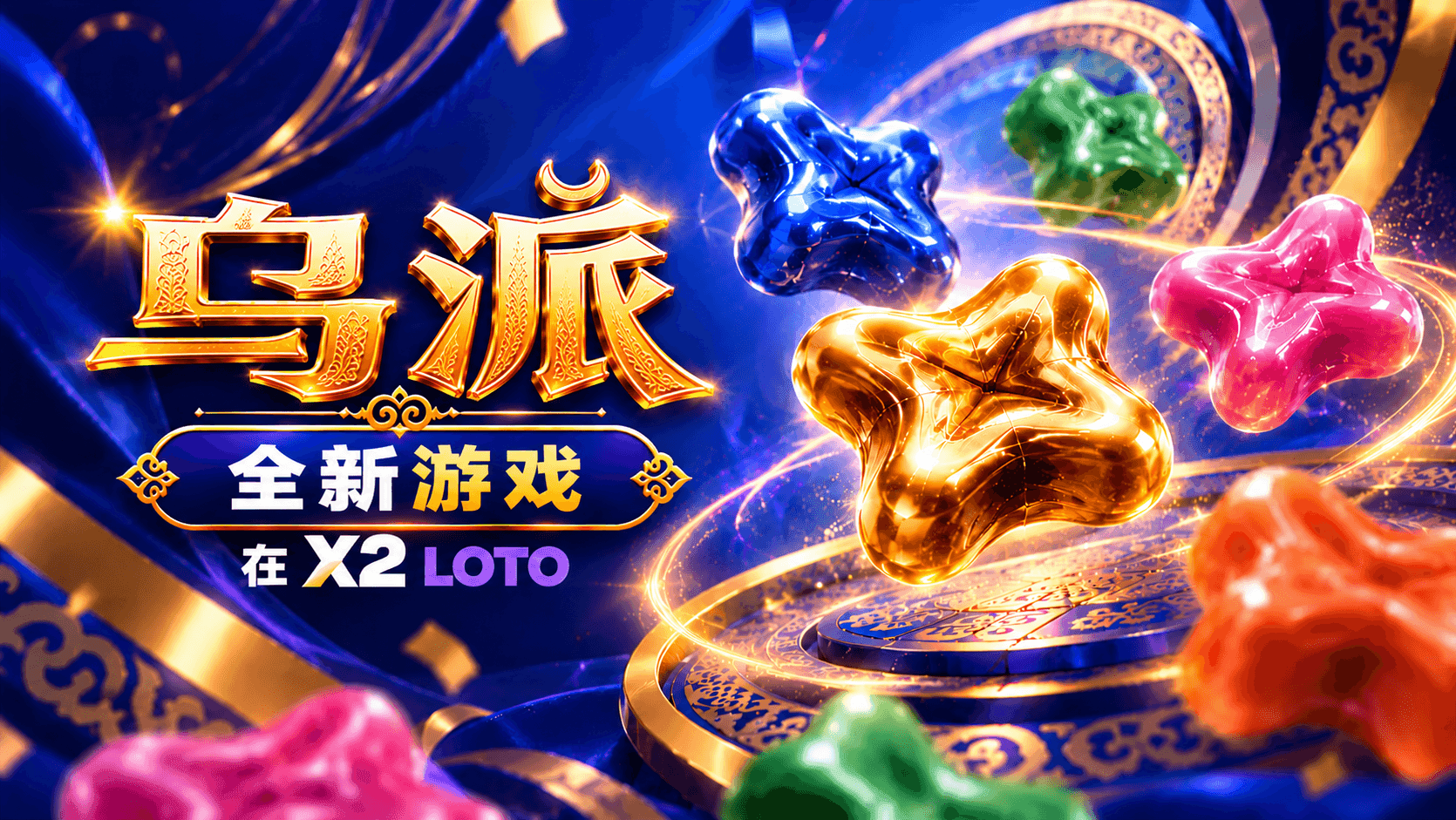 X2 LOTO 全新《Upay》游戏，展示色彩丰富的羊拐骨元素、吉尔吉斯传统民族纹样和现代在线游戏设计。